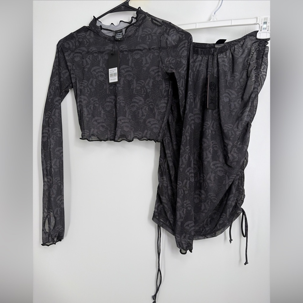 ED HARDY Geisha Print Sheer Mesh Mini Skirt & Top Set RARE NWT S/M